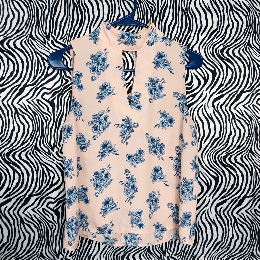 Paper Crane pink and blue floral high neck blouse